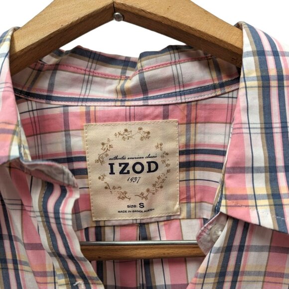 Vintage Y2K Izod 100% Cotton Pink Preppy Plaid Button Down Belted Shirt Dress S - Picture 3 of 5
